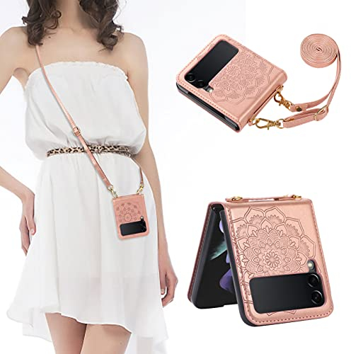 Shinyzone Compatible con Samsung Galaxy Z Flip 4 5G 2022 Funda con cadena, Galaxy Z Flip 4 Funda de piel con cordón para colgar extraíble, diseño de mandala, color oro rosa