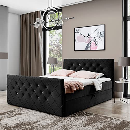 Boxspringbett Doppelbett MONAKO - Bett mit Bonellmatratze, mit Bettkasten für Bettwäsche und Topper. Gepolstertes Kopfteil und Fussteil mit Einer eleganten Steppung verziert (Shwarz, 140x200)