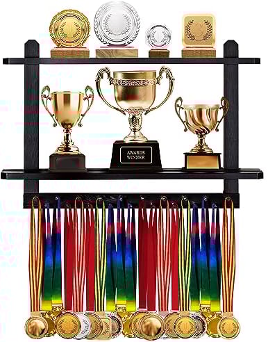 LAVIEVERT Medaillenaufhänger & Trophäenregal aus Holz, Wandmontage, Rennmedaillendisplay mit 2 Ebenen, Medaillenhalter, Trophäenständer mit 19 Aufhängestangen, Schwarz