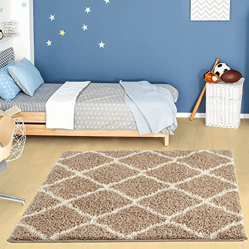 THE RUGS Shaggy Rug – Modern Moroccan Design Rugs for Living Room, Bedroom, Hallway, 3 cm Thick Area Rugs, (Moroccan Beige/Ivory, 120cm Square)