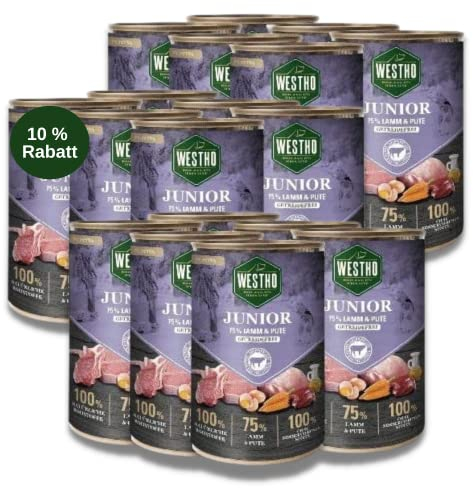 Hundefutter Nassfutter Junior (18 x 400g) | 75% Weidelamm und Pute in Lebensmittelqualität | Getreidefrei | Für Welpen und Junghunde Aller Rassen | Gesundes Wachstum