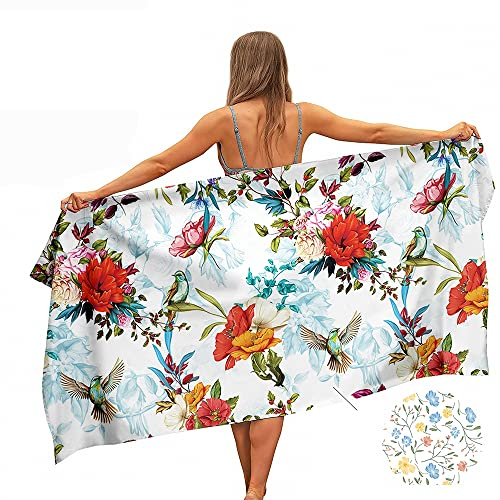 Ulticool – Handtuch Vogel Blumen Natur – für Mann oder Frau – Schnelltrocknendes Badetuch Mikrofaser – 160 x 80 cm – für Reisen Fitness Gym Sport Spa Yoga – doppelseitiger Druck - Weiß