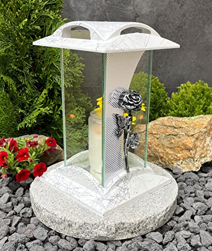 Grablaterne Grablampe Grableuchte Rose Weiss Silber Grabschmuck Grablicht Kerze Lampe Laterne Licht Trauer Friedhof Garten Rosen Grabdeko
