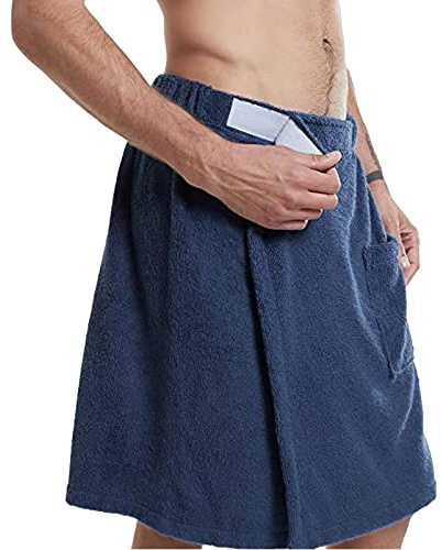 Jamron Mens Adjustable Bath Towel Wrap - Wearable Towel Skirt with Pocket for Gym Shower Sauna Spa & Beach Cover Ups Navy Blue L