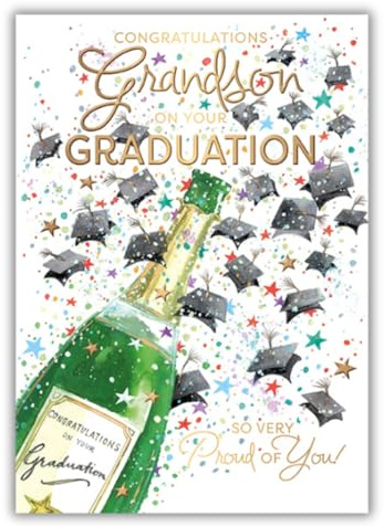 Words 'n' Wishes Tarjeta de felicitación de graduación para nieto, con texto en inglés So Proud of You!, tablas de mortero y botella de champán en relieve con detalles de aluminio, ecológica,