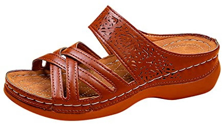 Susenstone Sandales Compensée Femme Cuir Bout Ouvert Pantoufles Slip-on Été Claquettes Nu Pieds Semelle Confortable Chaussures Antidérapant de Plage Wedges Platform Slipper Bohemia Beach Sandals