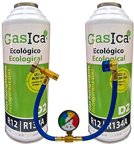 Gasica D2 226g (lot de 2 pièces + raccord avec robinet et horloge) Bouteille réfrigérant biologique écologique de remplacement R12 et R134A pour recharge de climatisation de voiture