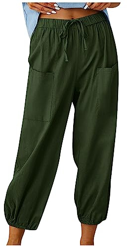 ODJOY-FAN Hose Damen Boho Sommerhose Stretch Leicht Strandhose Sommer Große Größen Haremshose Freizeithose Stretch Leinenhose Elegant Lockere Luftig Yogahose