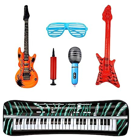 UYUYong Aufblasbare Instrumente Buntes Aufblasbar Rock Star Kinderdisco Deko Luftgitarre Aufblasbar Aufblasbarer Bass + E-Piano Mikrofon + Brille für Feiern Karneval Geburtstagsfeier