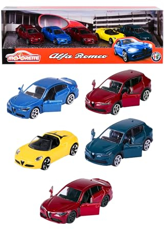 Majorette - Giftpack Alfa Romeo, 5 modelli esclusivi in metallo pressofuso, sistema a ruota libera, parti apribili