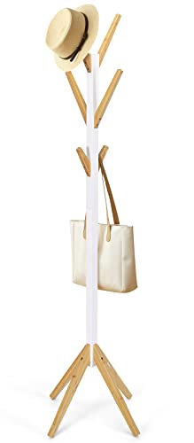 GIANTEX Porte-Manteau sur Pied en Bambou à 6 Crochets, Portant à Vêtements Autoportant d’Entrée avec Base, Support sur Pied pour Sac à Main, Chapeaux, Écharpe, pour Chambre, Couloir, Salon