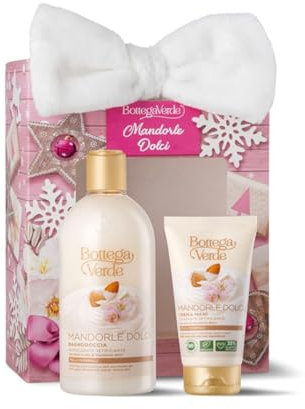 Bottega Verde - Mandorle Dolci, Confezione Regalo con Bagnodoccia 400 ml, Crema mani 75 ml e Fascia Beauty, in un Elegante Cofanetto, Idea Regalo