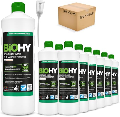BiOHY Bodenreiniger für alle Wischroboter mit Orangenduft (12 x 1 Liter) + Dosierer | Schaumarm & Streifenfrei | Reinigungsmittel Konzentrat für alle Böden