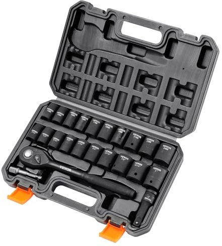 VEVOR Professional Socket Spanner Set CR-V Alloy Steel 23-Piece Socket Spanner Set 13-24 mm Deep Sockets Impact Wrench, HRC 42-48 Socket Spanner Including Tool Case, Metric Screw Extractor