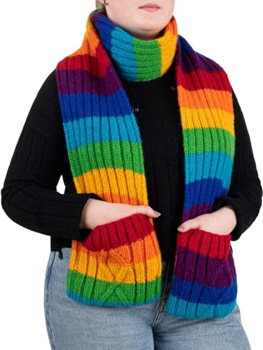 Kunst und Magie Bunter Wollschal mit Taschen Regenbogen Schal XXL Boho Hippie Goa Rainbow