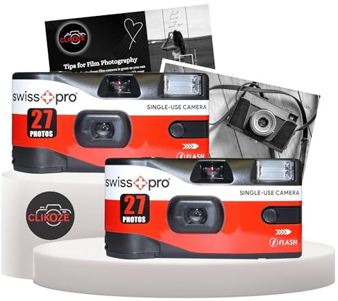 Disposable Cameras Multipack - Bundle with 2 X Swiss+Pro Disposable Camera Single-Use Film Cameras with 27 Exposures and Clikoze Disposable Photography Tips Card