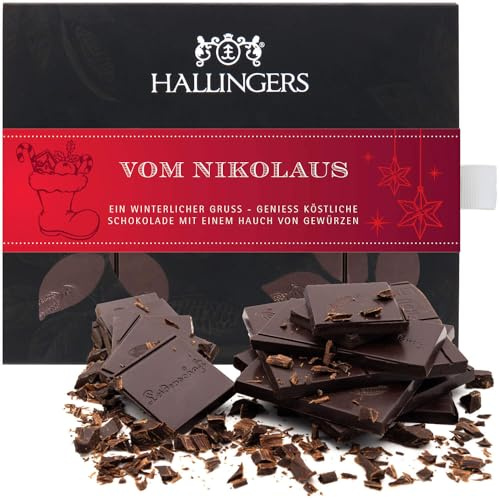 Hallingers Genuss Manufaktur Vegane Schokolade Weihnachts-Geschenk - Tafel aus handgeschöpftem Edelkakao ohne Alkohol edler Karton Vom Nikolaus Xms-Gewürz, Weihnachten für Frauen Männer