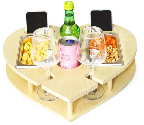 GOURDBRO Herzförmiges Holz Couch Bar, Couch Butler mit 2 Flaschenhaltern und Getränkehaltern, Couchbar Snackbox mit 2 Snackschalen Aus Edelstahl, Sofa Bar mit 2 Halterungen Männer, XXLSH001