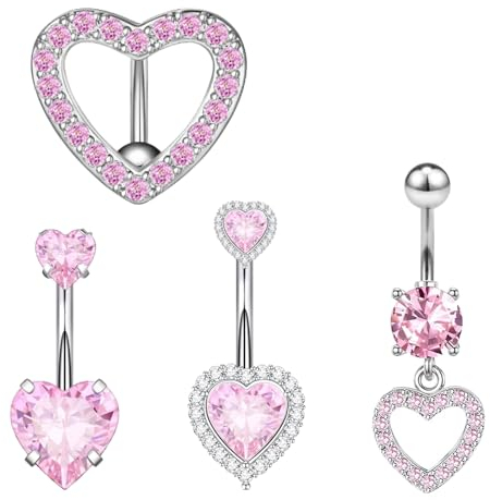 Lilbitty 4 Stück Nippelring und Bauchnabelring Set,Edelstahl, glitzernde rosafarbene, Herz Barbell Nippel-Bauchpiercing-Körperschmuck, Diamantfunkeln zum Verkleiden