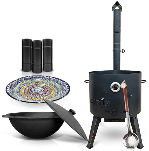 Utschak Feuerofen mit Thermometer Schornsteinverlängerung, Gusseisen Topf runder Boden mit Deckel (22 L) Schaumlöffel, Lagan KazanoFF, Учаг, Kazan (Set 2)