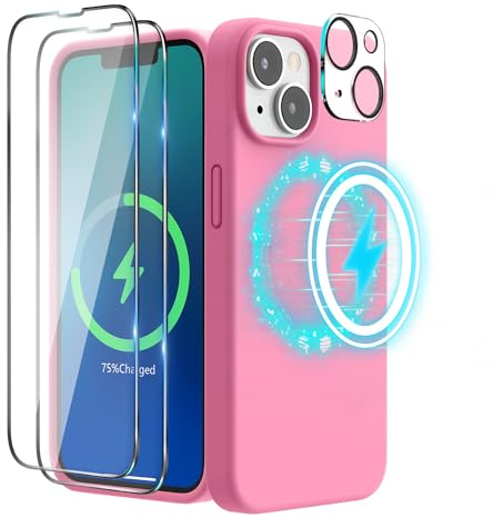 SURPHY (4 in 1 Magnetische Hülle für iPhone 14 Hülle Silikon (6,1 Zoll, 2022), mit 2 Schutzfolie & 1 Kameraschutz, Flüssigsilikon Handyhülle iPhone 14 Case mit Magnete, Pink
