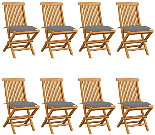 Chaduof Gartenstühle mit Grauen Kissen, Gartenmöbel, Balkonstühle, Hochlehner, Balkonmöbel, Bistrostuhl, Garten Stühle, Sit Möbel, Armlehnenstuhl, 8 STK. Massivholz Teak