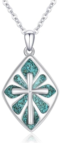 PARYFO Türkis Kreuz Halskette 925 Sterling Silber Origami Türkis Kreuz Anhänger Ketten Religiöser Schmuck Geschenke für Frauen Männer Mädchen Mutter Jungen Vatertag