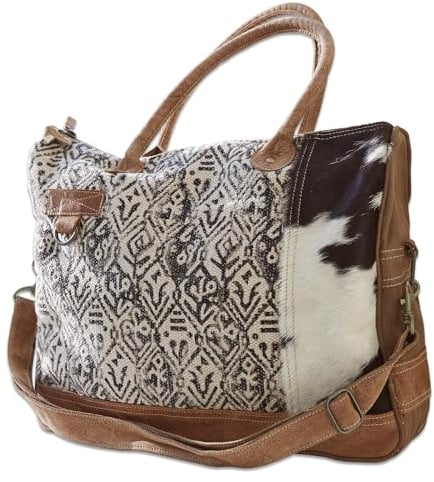 Loberon Tasche Elma, Natürlicher Materialmix mit Country-Charme, mit Innen- & Außentasche, mit Reißverschluss, Accessoire, Baumwolle, Kuhfell, Büffelleder, braun