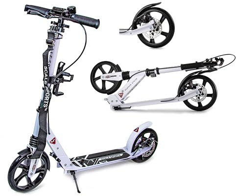 Scale Sports - Klappbarer Tretroller für Erwachsene bis 100 kg, Jugendliche und Kinder ab 7 Jahren, mit Flügel- und Scheibenhandbremsen, leichter Tretroller mit Tragegurt (schwarz) (weiß)