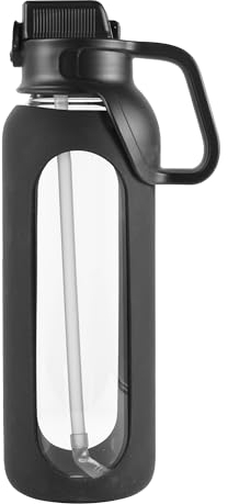 Gulujoy Glass Water Bottle 2 Litre with Straw Large Water Bottle 2l with Silicone Sleeve for Gym Workout Bpa Free