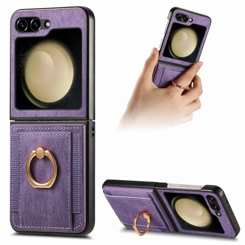 Knoowcase for Samsung Galaxy Z Flip 6 Case Samsung Z Flip 7 FE Phone Case Wallet Shockproof Bumper Case with Ring Holder Card Slots PU Leather Cover Anit-Fall Anti-Drop Kickstand Back Case, Purple