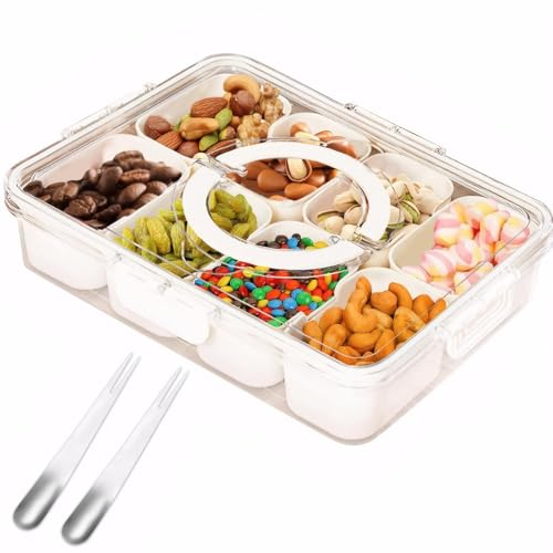 Nadiaen Divided Serving Tray with Lid, Clear Snack Tray, Plastic Portable Food Storage Container with 8 Removable Compartment Box for Veggie, Candy, Fruit, Snacks, Nut, Spice