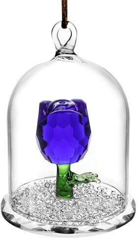 Blue Crystal Rose in Glass Dome Hanging Christmas Decoration Ornament for Xmas Tree Crystal Enchanted Flower Rose Ornament Decor for Home