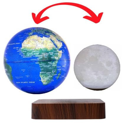 MagneticLand Erde & Mond schwebendes Duo - Holz Globus mit mehrfarbiger Beleuchtung (Erde) oder Weiß (Mond) - Politischer Globus