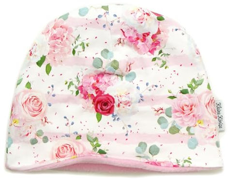 Kleine Könige Mütze Mädchen Herbst Winter Kindermütze · Modell Rosen Blumen Pastel Flowers · Fleece rosa · Größe 86/92 (KU 45-47)