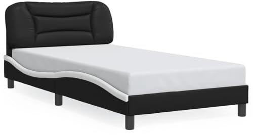 IKAYAA Bed Frame with LED Single Bed Frame Upholstered Platform with Headboard and Solid Wooden Underbed Storage Easy Assembly Single Bed Frame -black and white-100 x 200 cm