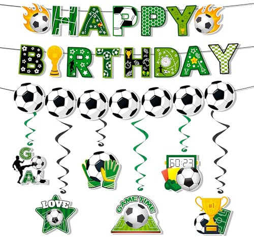 Fußball Banner Spirale, 8 Pcs Fussball Geburtstag Deko Set, Fußball Happy Birthday Banner Fussball Spiralen Hängedekoration Geburtstagsdeko Fußball Party Dekoration Grün