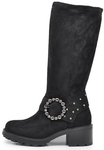 IF Fashion Scarpe da Donna Stivali al Polpaccio Morbidi Biker in Camoscio Sintetico con Cinghia e Fibbia GR-6662 Nero N.40