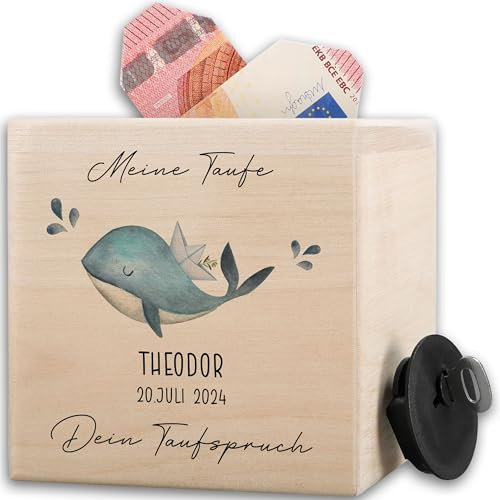 Holz Spardose zur Taufe Wal | Geldgeschenk zur Taufe | Taufgeschenke für Kinder Mädchen Jungen - 10x10cm - Holz - Jungs taufgeschenk taufen Fisch spardosen tauf taufspardose geldgeschenke