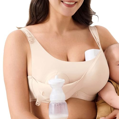 Wireless Hands-Free Pumping Bra, Adjustable with Extendable Straps and Hook Extender, Comfort Sleep Pumping & Nursing Bra, Beige, L