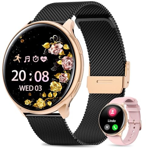2025 Montre Connectée Femme avec ET/HRV/SIRI, 1.39 TFT Smartwatch avec Appel Bluetooth, Moniteur de Sommeil, SpO2, Cycle Menstruel, 100+ Modes Sport, IP68, Fitness Podomètre pour Android iOS(Or noir)