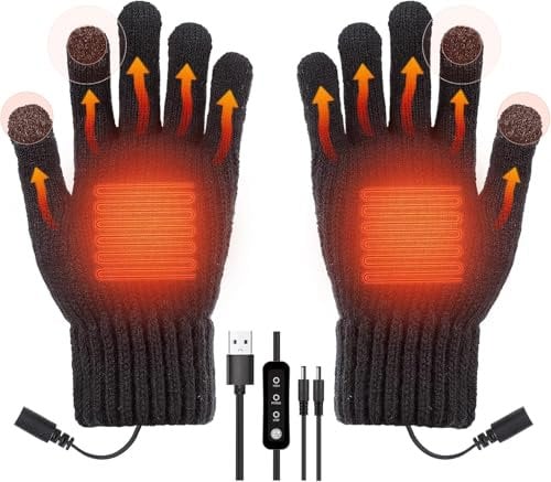 USB Heated Gloves, Double-Side Heated Knitted Wool USB Hand Warmer Gloves with Touchscreen Fingers & 3 Adjustable Temperature Washable Laptop Gloves