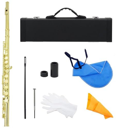 Querflöte Instrument 16 geschlossene offene Löcher, C-Taste, Flöte, Musikinstrument, Konzertflöte, versilbert, professionelle Querflöte mit E-Taste(Gold)