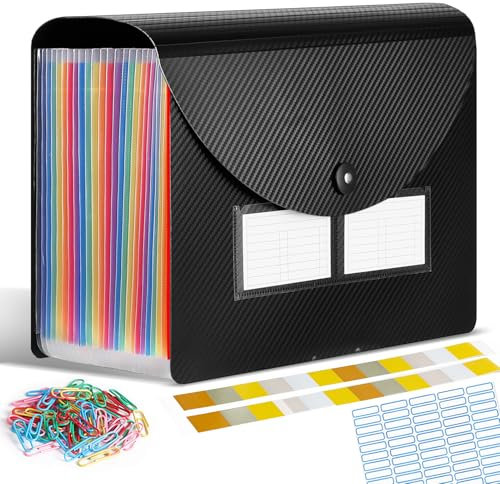 Dokumentenmappe A4, Fächermappe Sortiermappe mit 24 Fächern, Regenbogen Ordner Akkordeon Aktenordner mit Etiketten, Erweitern Ordnungsmappe mit Deckel