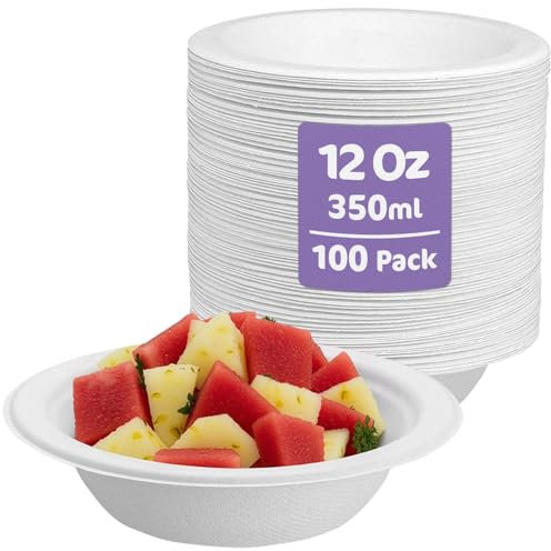iSOUL Compostable Bagasse Disposable Bowl 350ml, 12oz Paper Soup Bowls for Milk Salads for Milk Salads, Soups Picnics BBQ Parties Rigid Salad Bowls Sugarcane Paper Bowl White 150 Pack