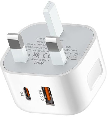 USB C Plug,20W USB C Fast Charger Plug for iPhone UK Wall Power Adaptor Compatible with iPhone 16/15/14/14 Plus/14 Pro/14 Pro Max/13 12 11 X XR XS SE/Pad/Galaxy S24/23/22/21/More