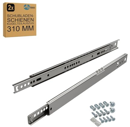 SOTOOLS 1 Paar Kugelteilauszug, 310 mm Länge, max. 15 kg | Mittlerer Teilauszug für eine leise und präzise Schubladenführung, Höhe 27 mm, Breite 10 mm, inkl. Schrauben.