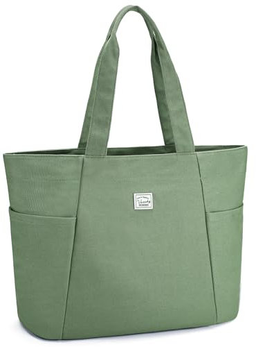 VASCHY Tote Bag Grande Ligera de Tela, Bolso Universidad Mujer Resistente con Múltiples Bolsillos para Oficina Colegio Trabajo Profesor Viaje Gimnasio, Verde