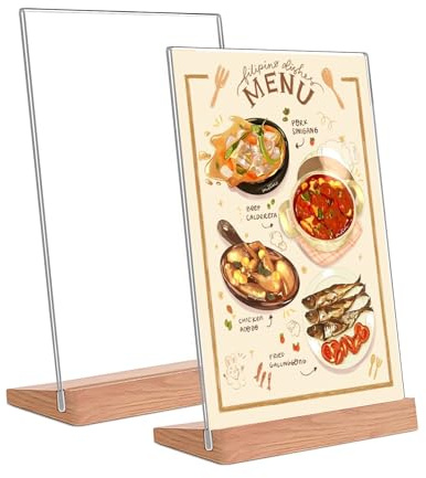 Kisstta Transparenter Acryl Doppelseitige Menükartenhalter, Schräg L aufsteller mit Holzsockel für Restaurants, Hochzeitsparty, Hotel, Cafés (transparent)