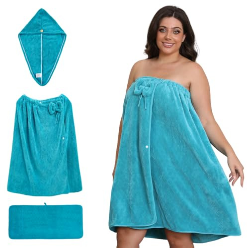Emdelifo Badetuch-Wickeltuch in Übergröße für Damen (XXL-XXXXL), übergroßes Dusch-Wickelkleid, Spa-Bademantel, bequemer, Verstellbarer Körperwickel + Haartrockentuch + Handtuch (Blue, 210cmX80cm)